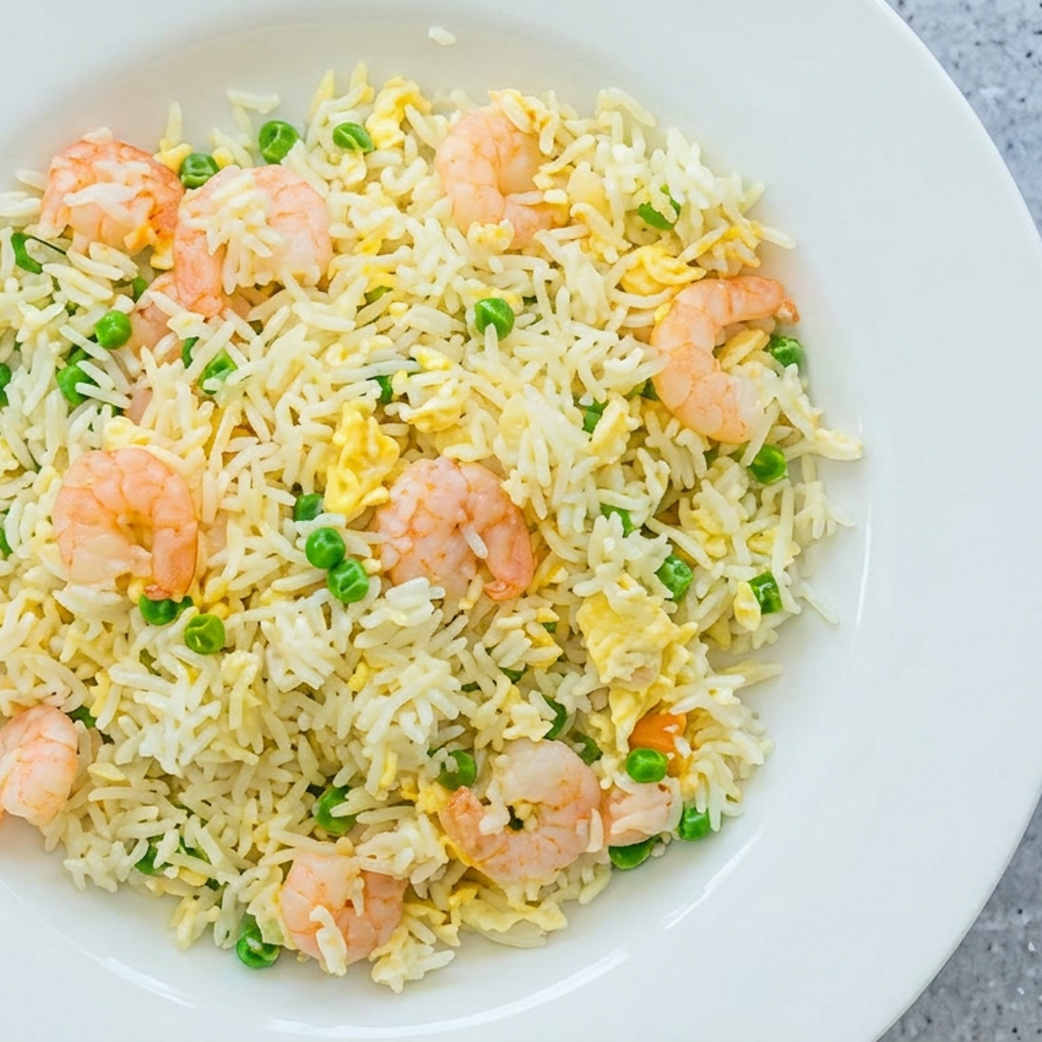 Plate of shrimp fried rice with peas and scrambled egg on a white dish.