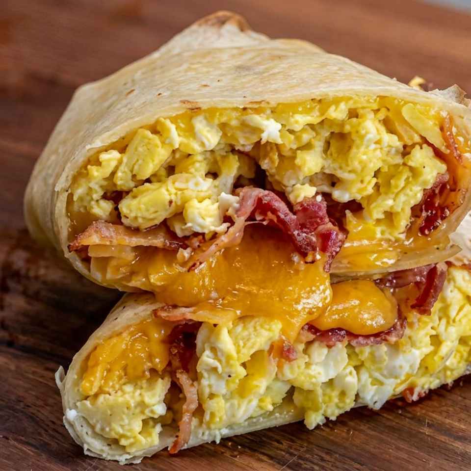 Breakfast burrito halves filled with scrambled eggs, bacon, and melted cheddar cheese on a wooden table.