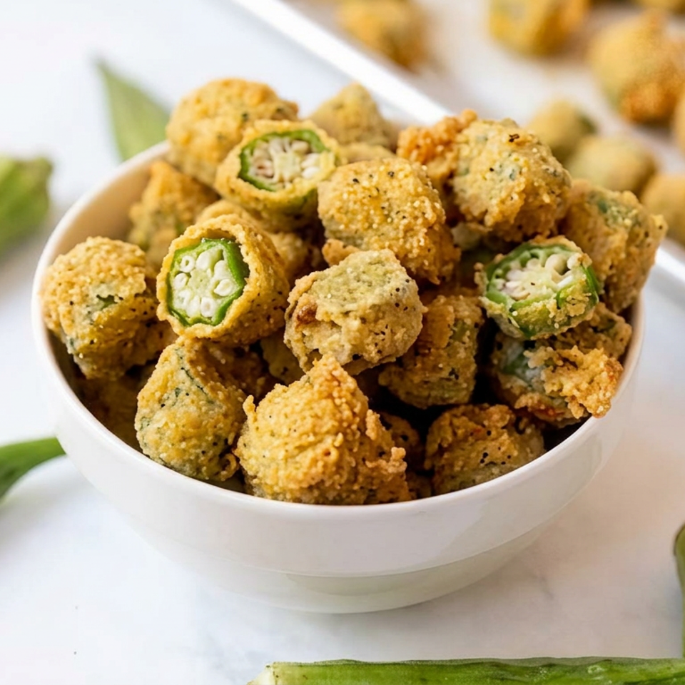 Bowl of golden fried okra pieces, some sliced to reveal seeded centers, surrounded by fresh okra pods.