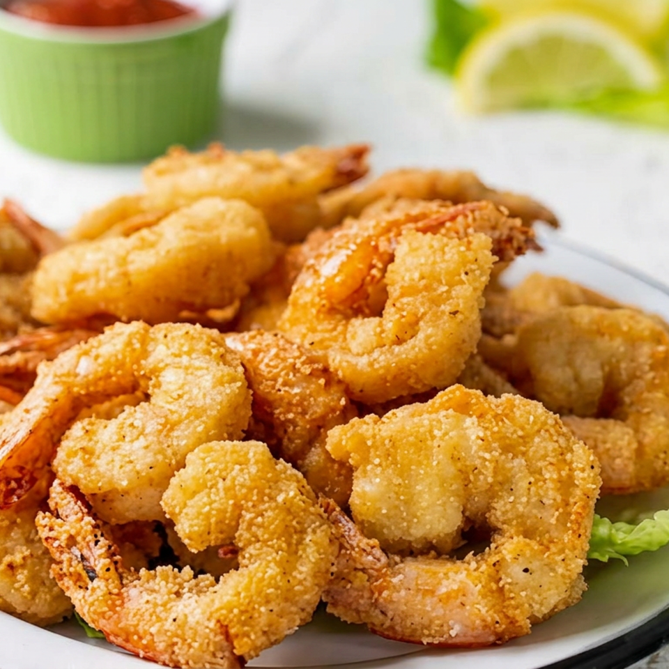 Plate of golden-breaded fried shrimp garnished with lettuce, accompanied by dipping sauce and lemon wedges.