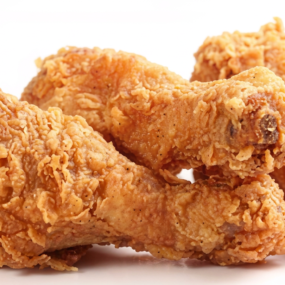 Golden-brown pieces of crispy fried chicken stacked against a white background.