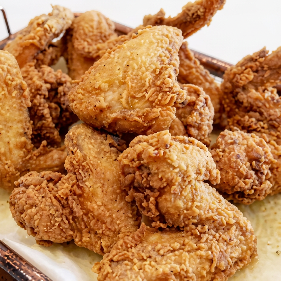 Basket piled with golden crispy fried chicken pieces on parchment paper.