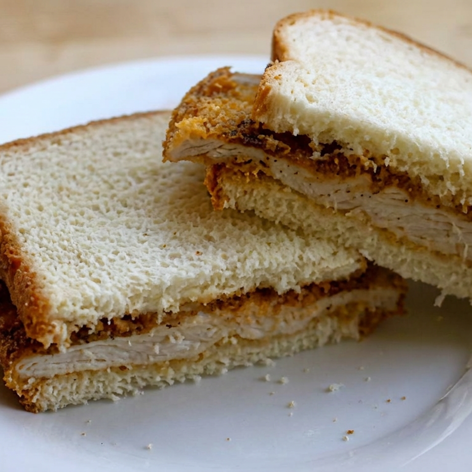 Two halves of a crispy breaded chicken sandwich on white bread, stacked on a white plate atop a wooden table.