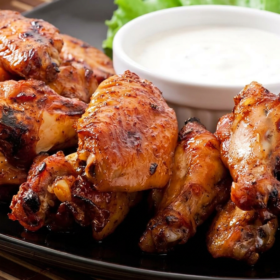 Glazed grilled chicken wings arranged on a black platter with creamy dipping sauce and lettuce garnish.