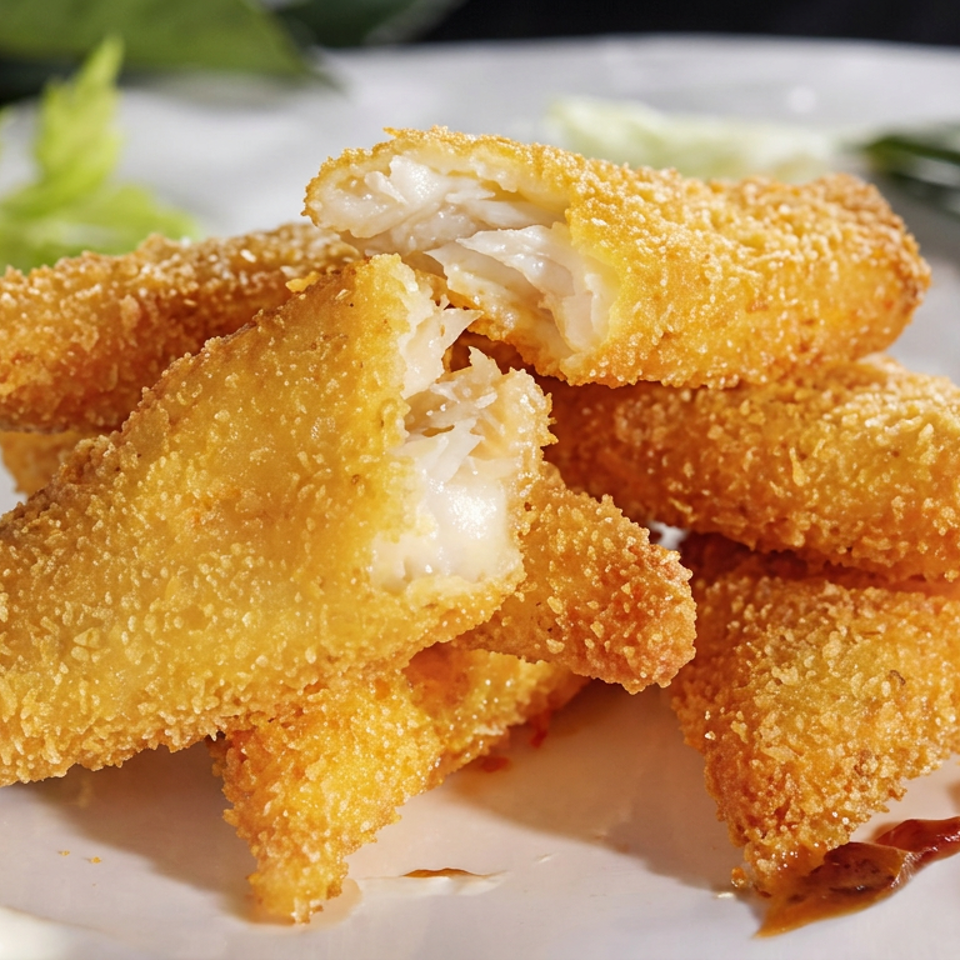 Crispy breaded seafood fingers stacked on a plate, one broken open to reveal flaky white fish, with dipping sauces.