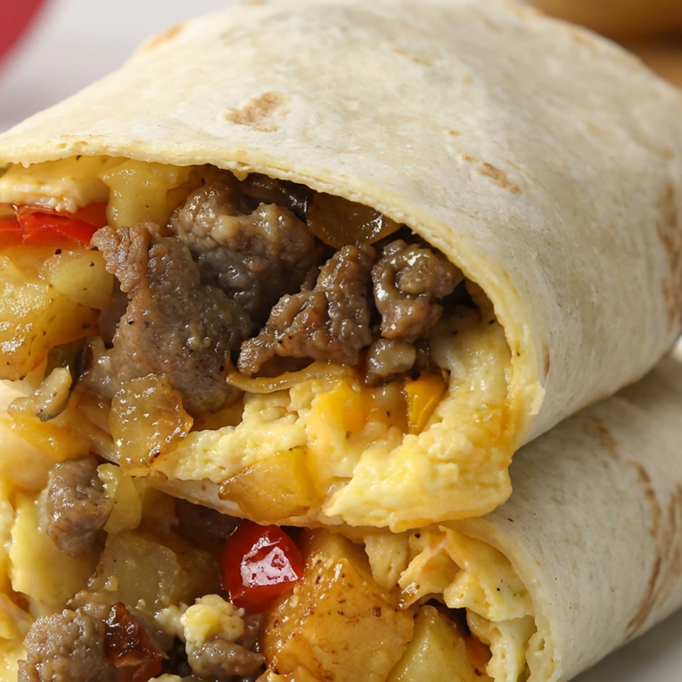 Two breakfast burritos stacked on a plate, filled with scrambled eggs, sausage, potatoes, cheese, onions, and peppers.